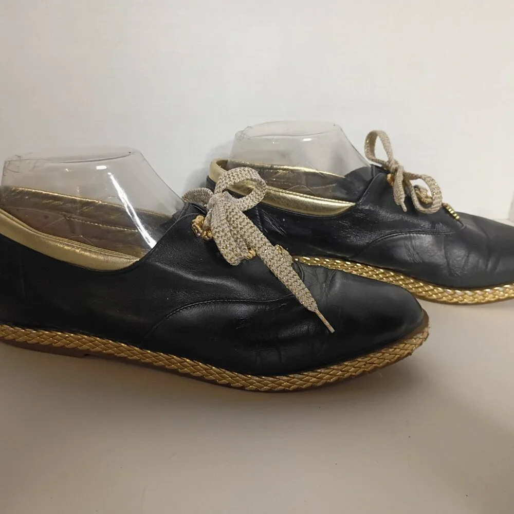 Y2K BALLY "Jallut" Italian Oxford Flats Black Leather Gold Trim Sz 9M - Picture 6 of 15